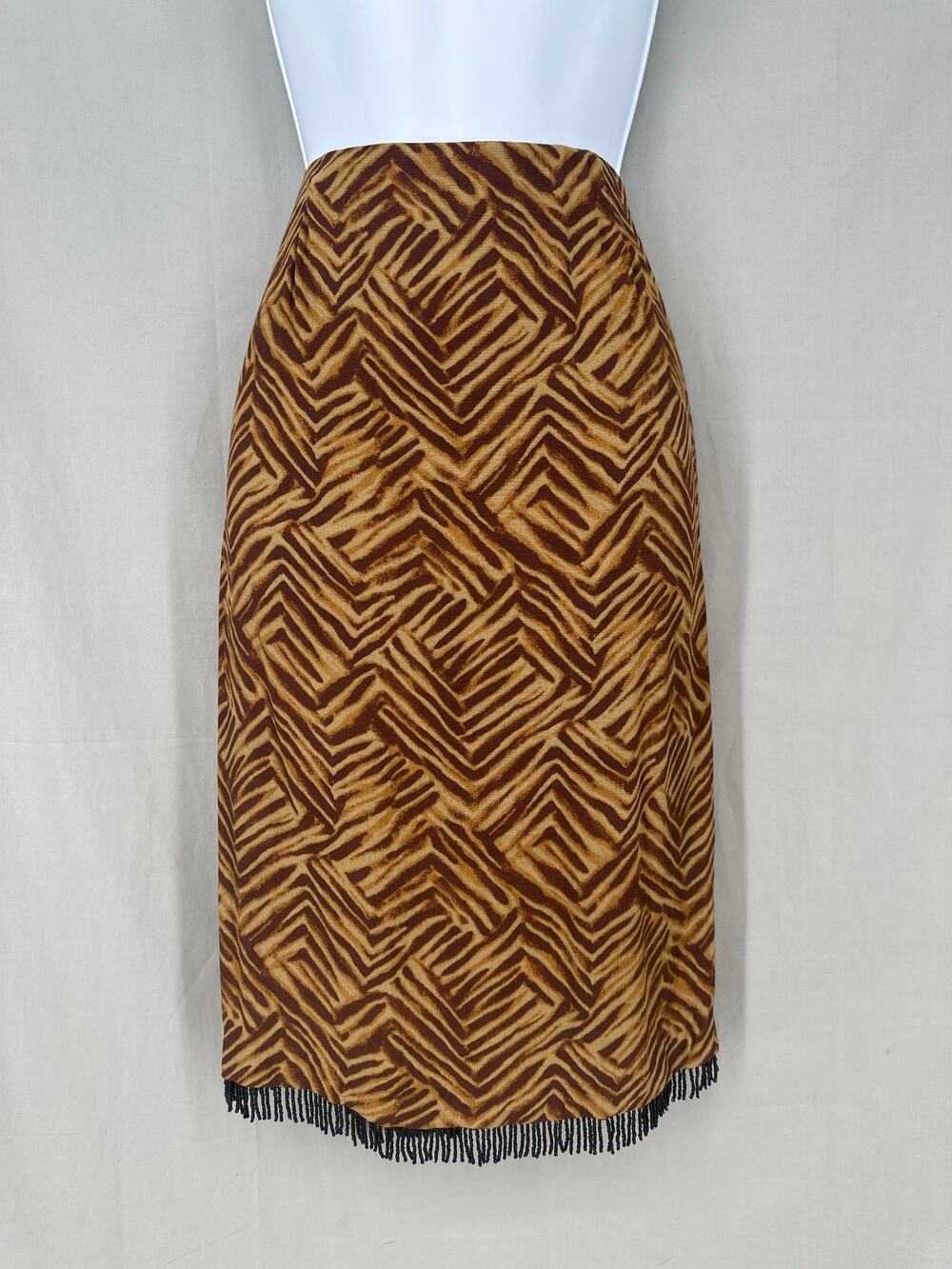 90s Vintage Skirt Womens Medium Brown Tribal Fringe Beaded Party Y2K Knee Length